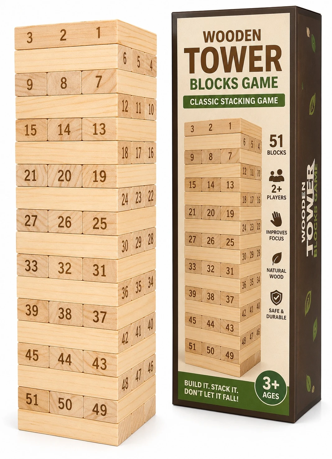 51-Piece Wooden Stacking Challenge Game