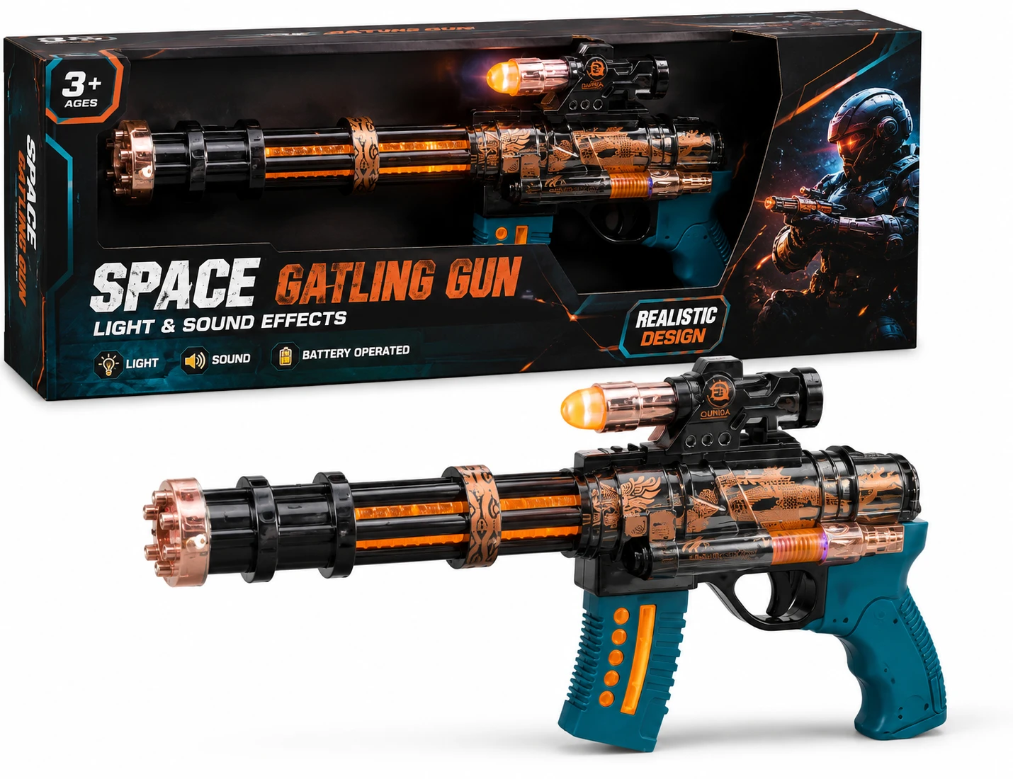 Space Gatling Gun Toy with Light & Sound Effects – Battery Operated Blaster for 